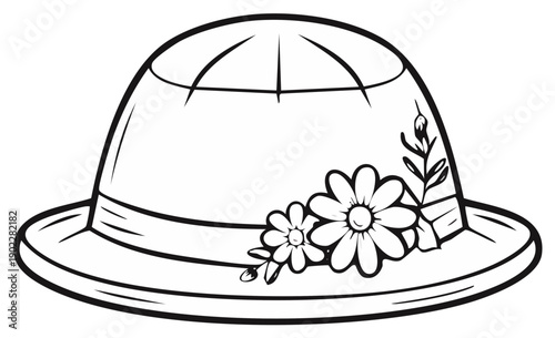 Outlined Summer Hat Adorned with Delicate Floral Embellishments and Leaf Accents, Illustrated