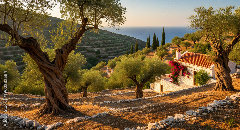 Obraz premium Olive grove landscape with rustic house and trees in warm golden light on rolling hills for travel brochure
