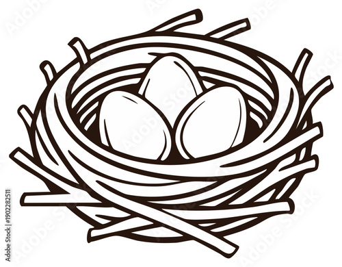 Simple black and white line art illustration of a bird's nest with three eggs inside