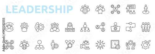 Leadership icon outline style with team, collaboration, achievement, management, presentation, employee, hierarchy icons
