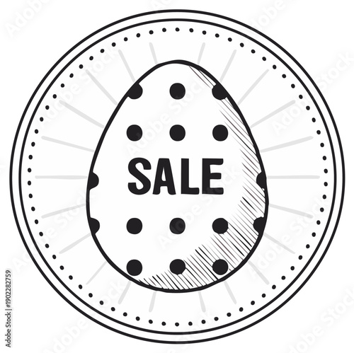 Easter Egg Sale: Circle-Framed Egg with Polka Dots and 'SALE' Message for Advertising in Black and White