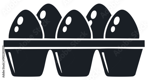 Simple black icon of five fresh chicken eggs in a half dozen carton