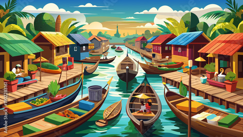 Very beautiful wooden boats docked along canals at Ganvie market, showcasing daily life, floating commerce, and unique waterside culture in Benin’s iconic lake village.