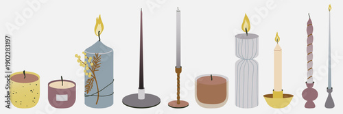 Collection of various scented aromatic  candles in modern minimalist style. Hand drawn flat vector isolated illustration set. Home decor, lifestyle, cozy interiors. Aromatherapy, relaxation concept