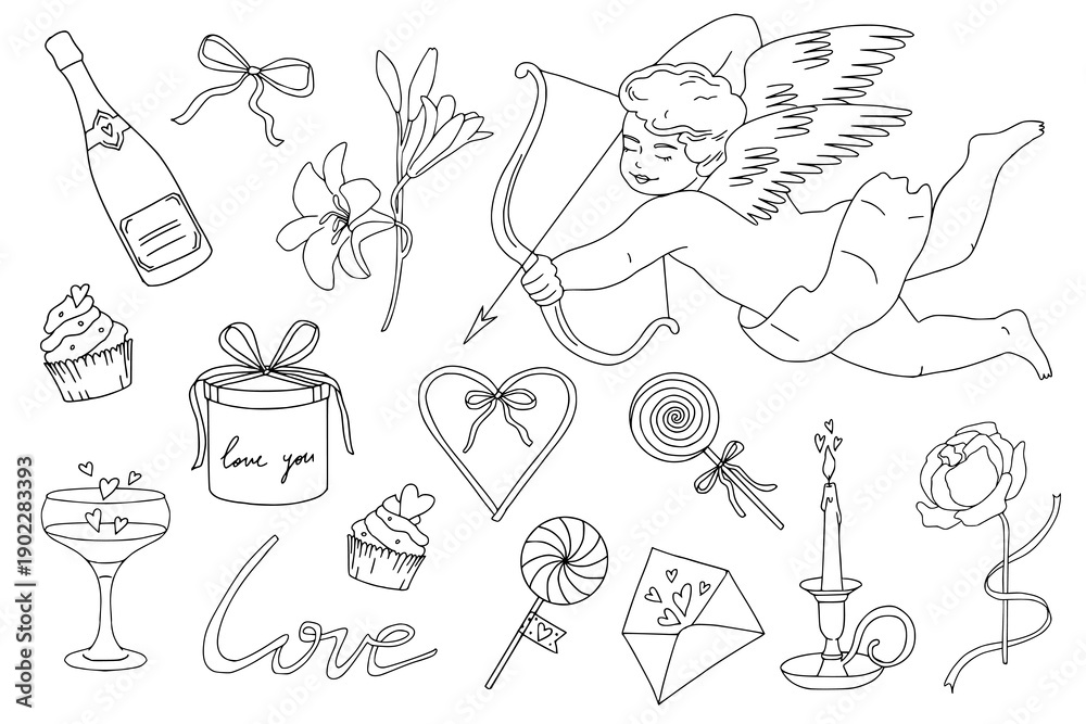 Obraz premium Line art Love themed illustrations set: cupid, cherub, bows, ribbon, gifts, angel, hearts, sweets, flowers. Cute coquette aesthetic. Valentine's Day, wedding, romantic design. Vector linear elements