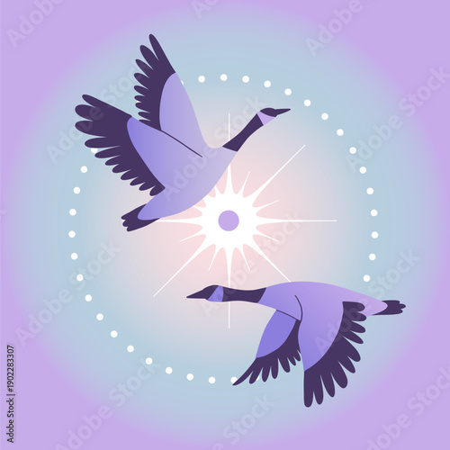 Elegant vector card, poster. Illustration of two flying birds and glowing sun. Harmony, spirituality, wildlife, nature concept. Soft pastel colors: blue, purple. Dreamy mystic ethereal aesthetic