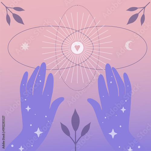 Magical spiritual card, poster. Celestial hands with stars and sacred symbols. Mystical gradient background with cosmic elements, moon, and sun. Meditation, energy healing, astrology, esoteric vector