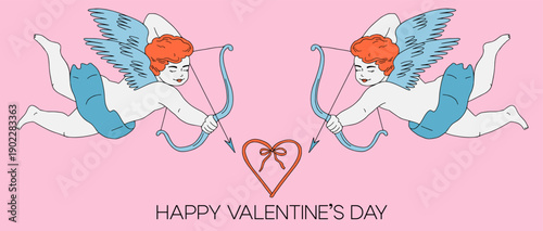 Pink Love themed outline illustration, banner, card with cupid or cherub and ribbon heart. Cute coquette vintage aesthetic. Valentine's Day, wedding, romantic design. Hand drawn template with text