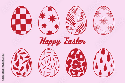 Hand drawn linear Easter card, banner, flyer. Decorated eggs with doodle, floral, geometric ornaments. Vector blue outline illustration. Trendy minimal design in pink for spring holiday celebration