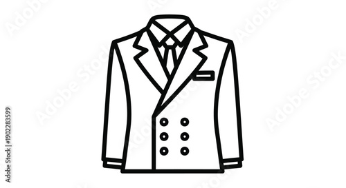 Simple black and white line art icon depicting a formal double breasted suit jacket with a crisp collar and necktie combination