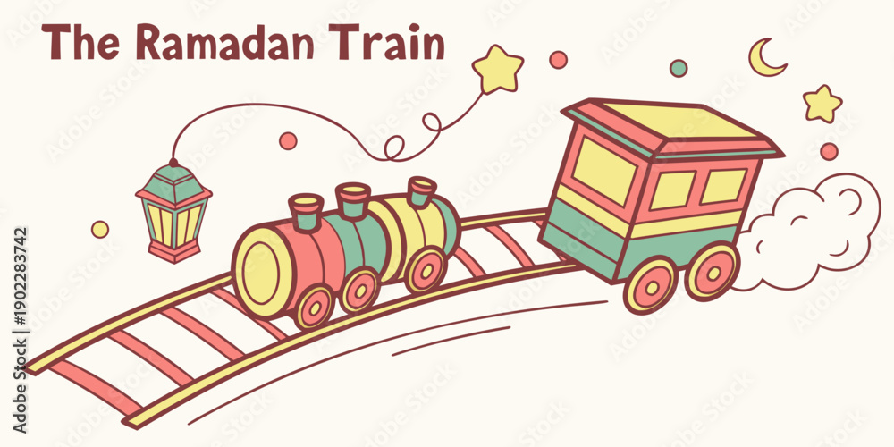 Naklejka premium Colorful Ramadan Train Illustration with Lantern and Celestial Symbols