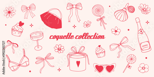 Girly coquette hand drawn collection: sweets, bows, fashion accessories, drinks. Linear minimalist vector illustrations. Retro style party elements. Elegant vintage clipart in red and pink Dolce vita