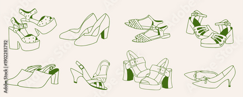 Vintage hand drawn retro summer shoe collection. Various styles of high heels, platform sandals, slingbacks, pumps, and strappy footwear. Vector line art footwear illustration. Outline fashion clipart