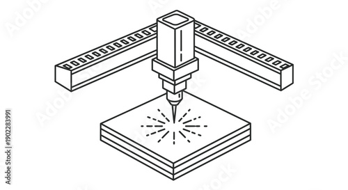 Simple black and white isometric line art illustration depicting a precision cnc machine laser cutting or engraving a material surface.