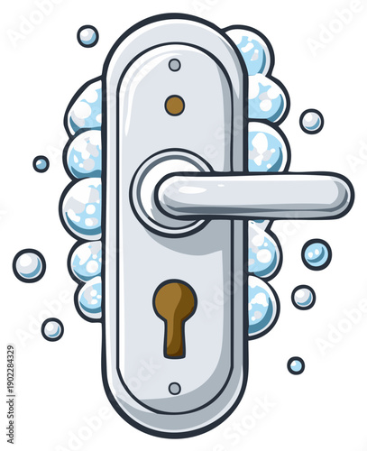 Shiny metallic door handle with blue soap bubbles and suds for cleaning and hygiene concepts