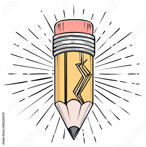 Cartoon pencil illustration with eraser and sunburst, school supplies concept