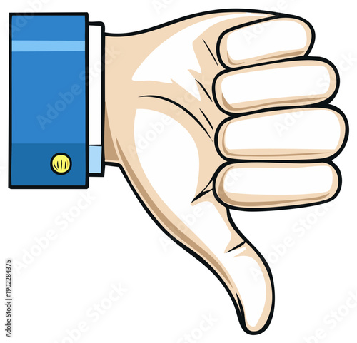Cartoon hand giving thumbs down gesture with blue suit cuff and gold button