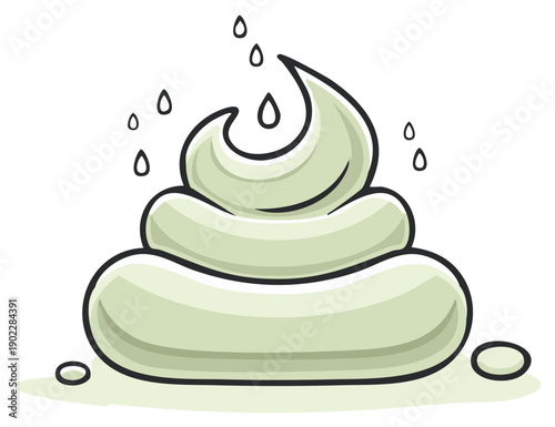 Cartoon-style green poop with liquid droplets, illustration