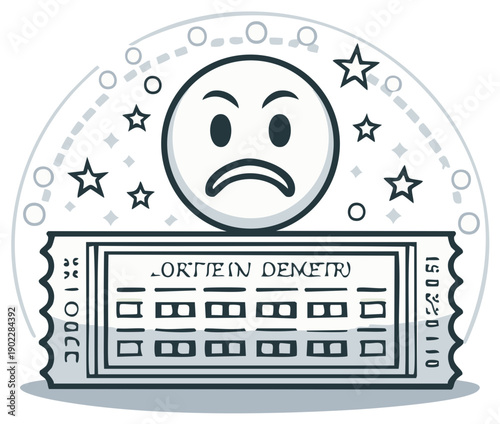 Unhappy person receives a losing lottery ticket with a sad face and stars surrounding it