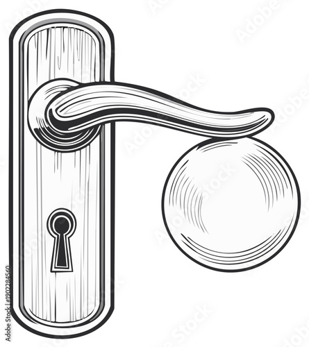 Classic door handle illustration with lock and ball knob, isolated view