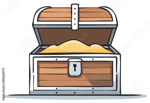 Cartoon treasure chest with open lid full of sand, concept for wealth, discovery or reward
