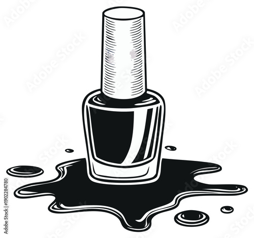 Stylish Nail Polish Bottle with Spilled Liquid and Drops Isolated Graphic Element