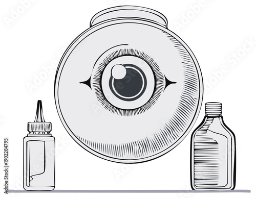 Eye Drops and Vision Care Bottle with Stylized Human Eye Illustration