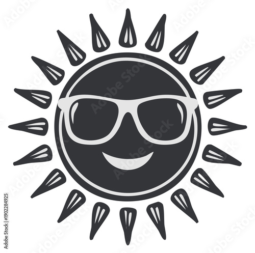 Stylized cartoon sun character wearing cool sunglasses and smiling brightly