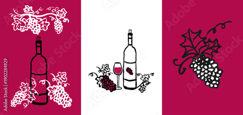 Hand drawn whimsical wine poster set. Restaurant menu design. Vector sketch illustration.