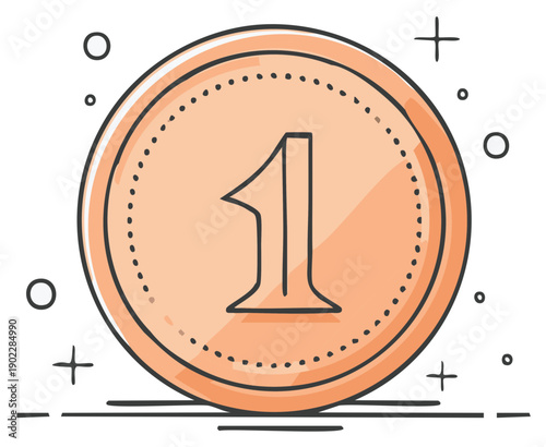 Hand-drawn illustration of a single copper coin with the number one depicted prominently.