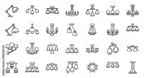 Collection of various lamps and light fixtures in a minimalist line art style