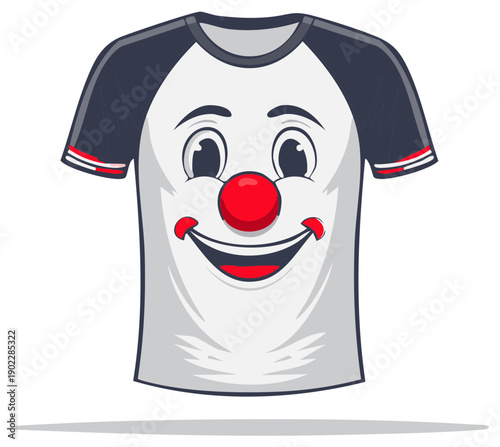 Funny Clown Face Design on White Raglan T-Shirt with Red Nose and Smiling Mouth
