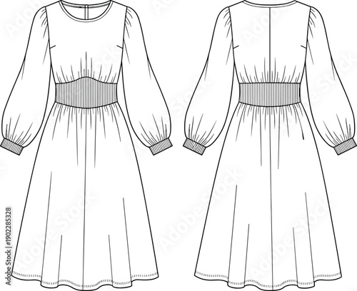 Technical fashion illustration of long-sleeved dress with voluminous cuffs, fitted waistband, pleated A-line skirt, front and back garment construction views