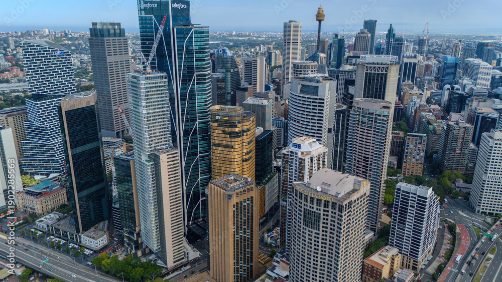 Obraz premium 5 February 2026 Aerial View of of Sydney CBD High rise on Sydney Harbour Circular Quay on a nice Summer day beautiful Sky in Sydney NSW Australia
