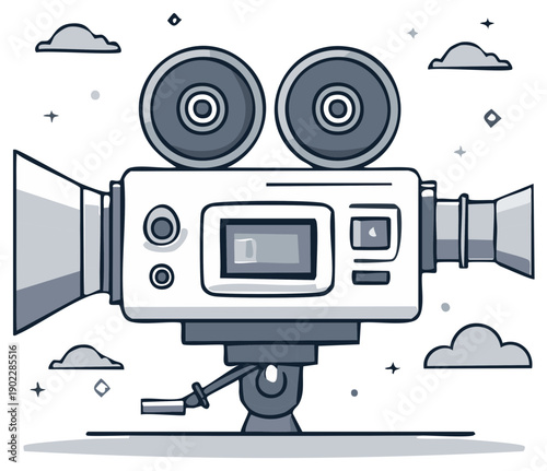 Cartoon-style illustration of a vintage movie camera with clouds in the background