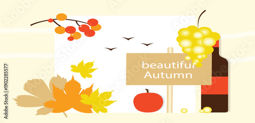 Autumn poster with hello autumn text surrounded by fall leaves, mushrooms, acorns, and decorative abstract shapes in orange tones vector illustration.