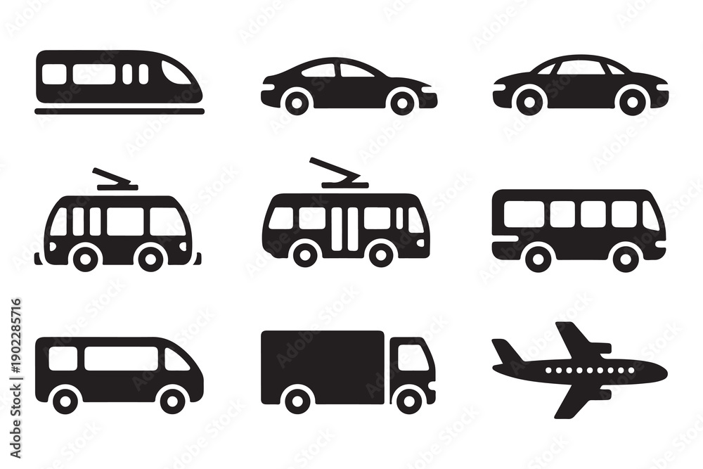 Obraz premium Side view transport silhouettes including modern cars buses trucks train and airplane for commercial use design