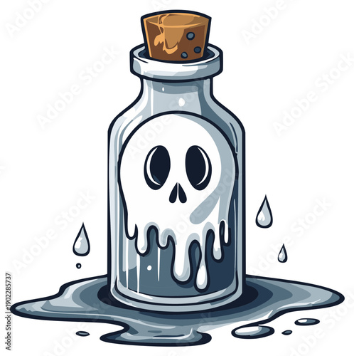 Poison bottle with skull symbol and dripping liquid, cartoon style illustration