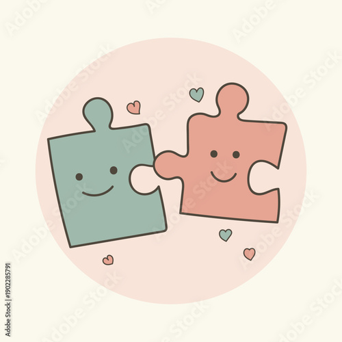 Two Happy Puzzle Pieces Joining Together with Hearts in Soft Pastel Colors