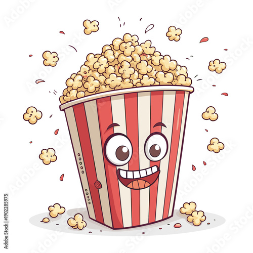Cartoon popcorn bucket with smiling face and kernels flying out  