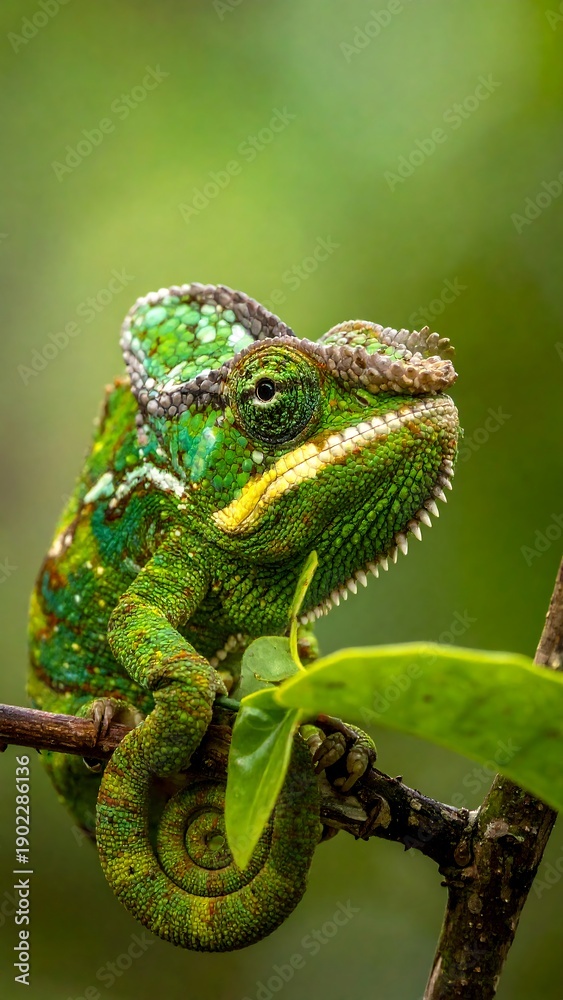 Fototapeta premium Vivid close-up of a colorful reptile perched on a branch, focused