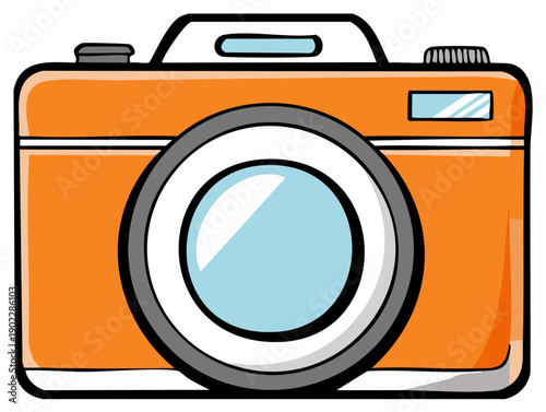 Retro orange camera illustration with clean lines and a reflective lens for creative photography