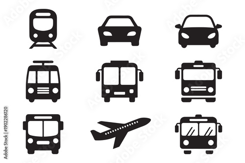Public transportation vector icons including various bus designs car front view and airplane silhouette symbols