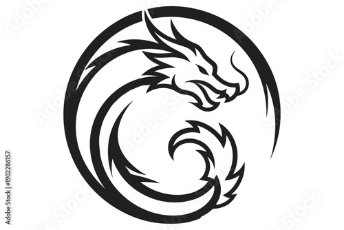 Stylized Black and White Dragon Illustration in a Circle