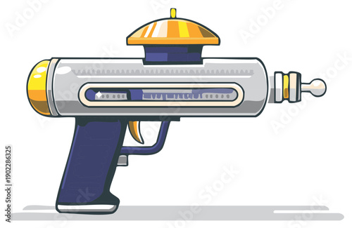 Retro futuristic ray gun with glowing barrel and metallic finish