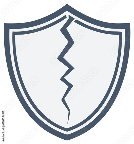 Shield emblem with jagged crack, representing vulnerability and damage, vector illustration.