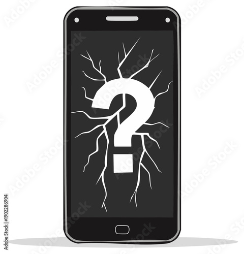Smartphone screen cracked with question mark concept of damage dilemma or repair