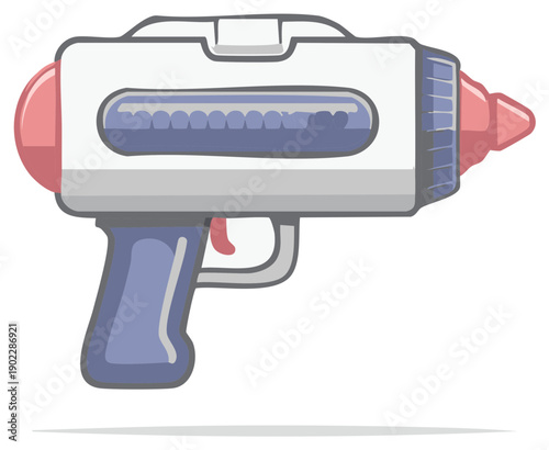 Retro futuristic ray gun toy with colorful accents and glowing viewport illustration