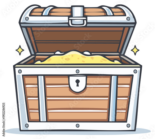 Cartoon wooden treasure chest overflowing with gold coins and sparkling gems, open and ready to find treasures.