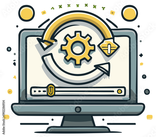 Computer screen depicting process of software update and configuration, cartoon style